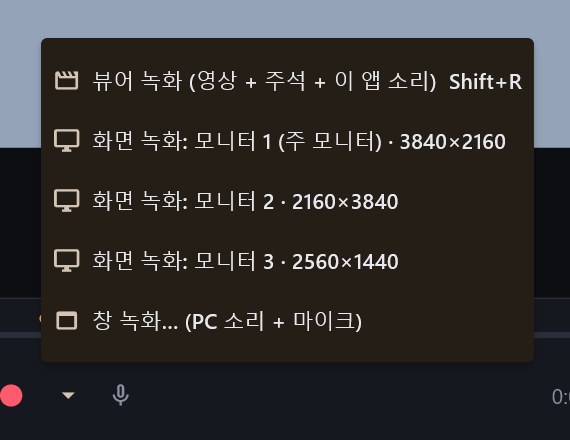 녹화 대상 메뉴: 뷰어 녹화, 모니터별 화면 녹화, 창 녹화